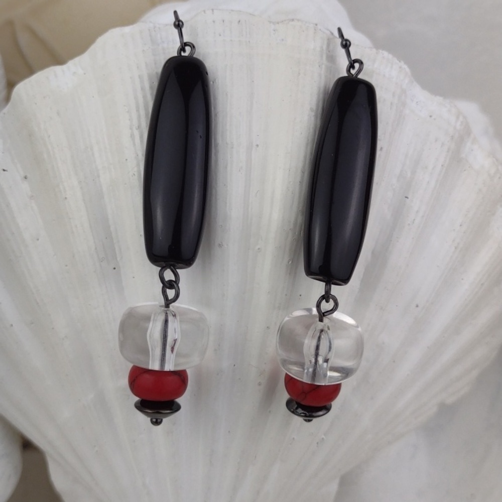 Black Red & Clear Glass Cool Drop Earrings